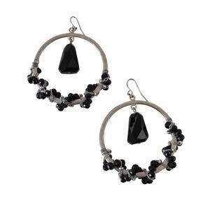 Silver Hoop Earrings Black Crystal Bead Dangle Boho Statement Drop Jewelry